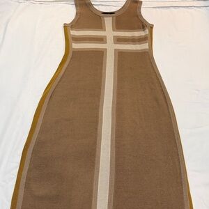 Peruvian Connection Tan Cream Knit Tank Dress with Mustard Trim Pima Cotton M